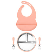 4PCS Stainless Steel Silicone Baby Feeding Set With Detachable Bowl Plate BPA Free Fork Spoon Bib Weaning Tableware Training