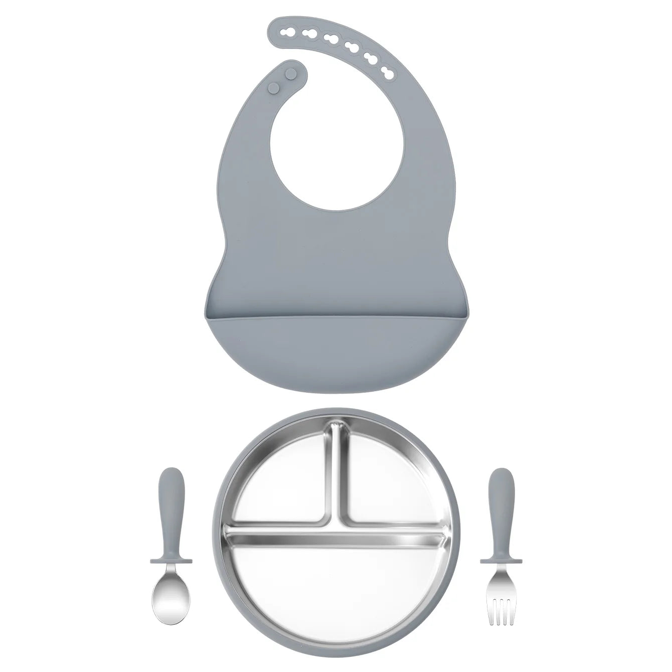 4PCS Stainless Steel Silicone Baby Feeding Set With Detachable Bowl Plate BPA Free Fork Spoon Bib Weaning Tableware Training