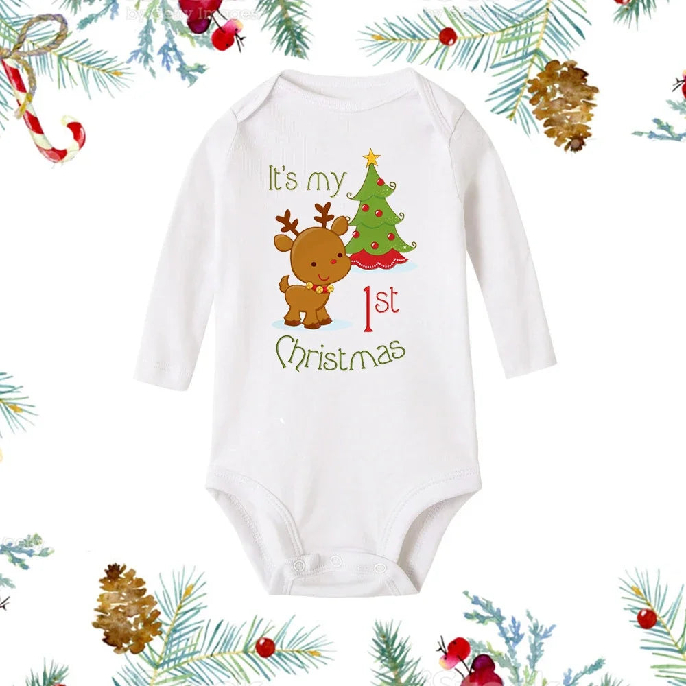 My First Christmas Newborn Baby White Long Sleeve Romper Cartoon Snowman Print Outfit Infant Baptism Bodysuit Clothes Xmas Gift