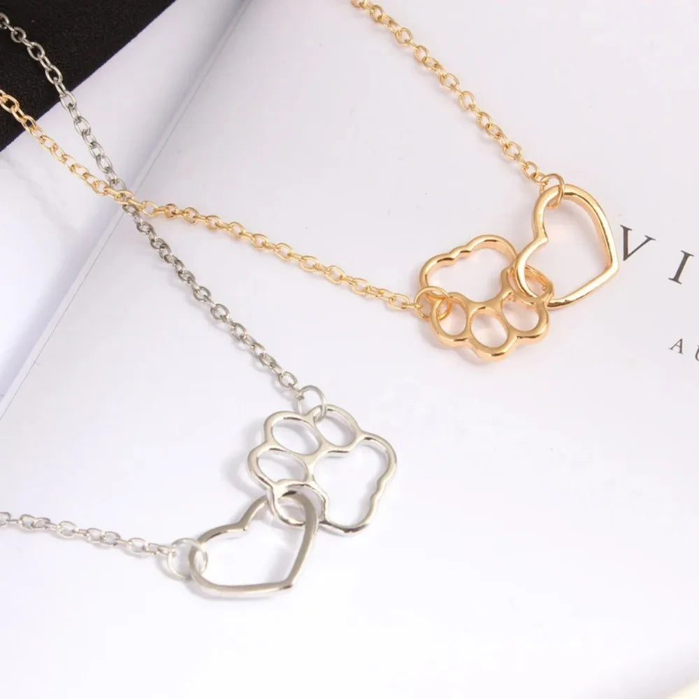 Hollow Pet Paw Footprint Necklaces Cute Animal Dog Cat Love Heart Pendant  For Women Girls Jewelry