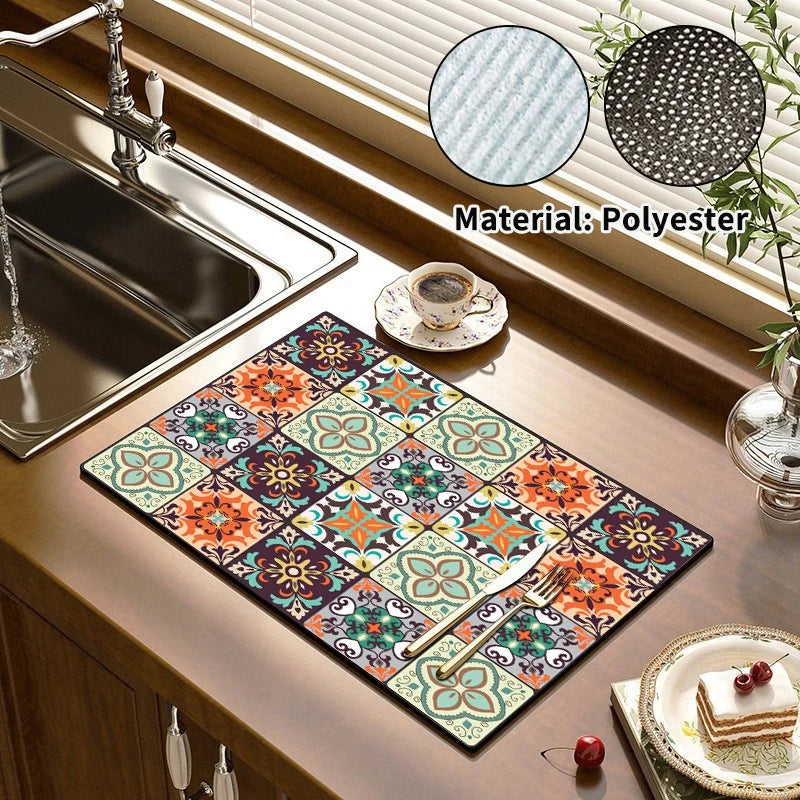 Printed Dish Drying Mat Super Absorbent Coffee Drain Pad Tableware Draining Pad Quick Dry Rug Kitchen Dinnerware Placemat